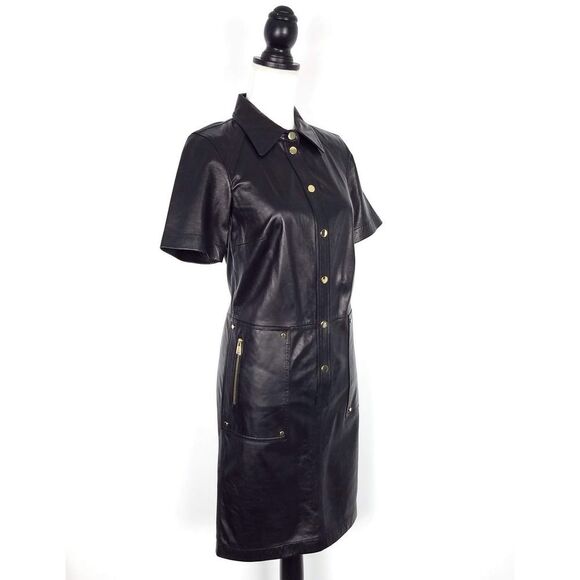 Per Se By Carlisle 100% Genuine Black Soft Leather Shirt Dress Size 4 - Picture 1 of 7